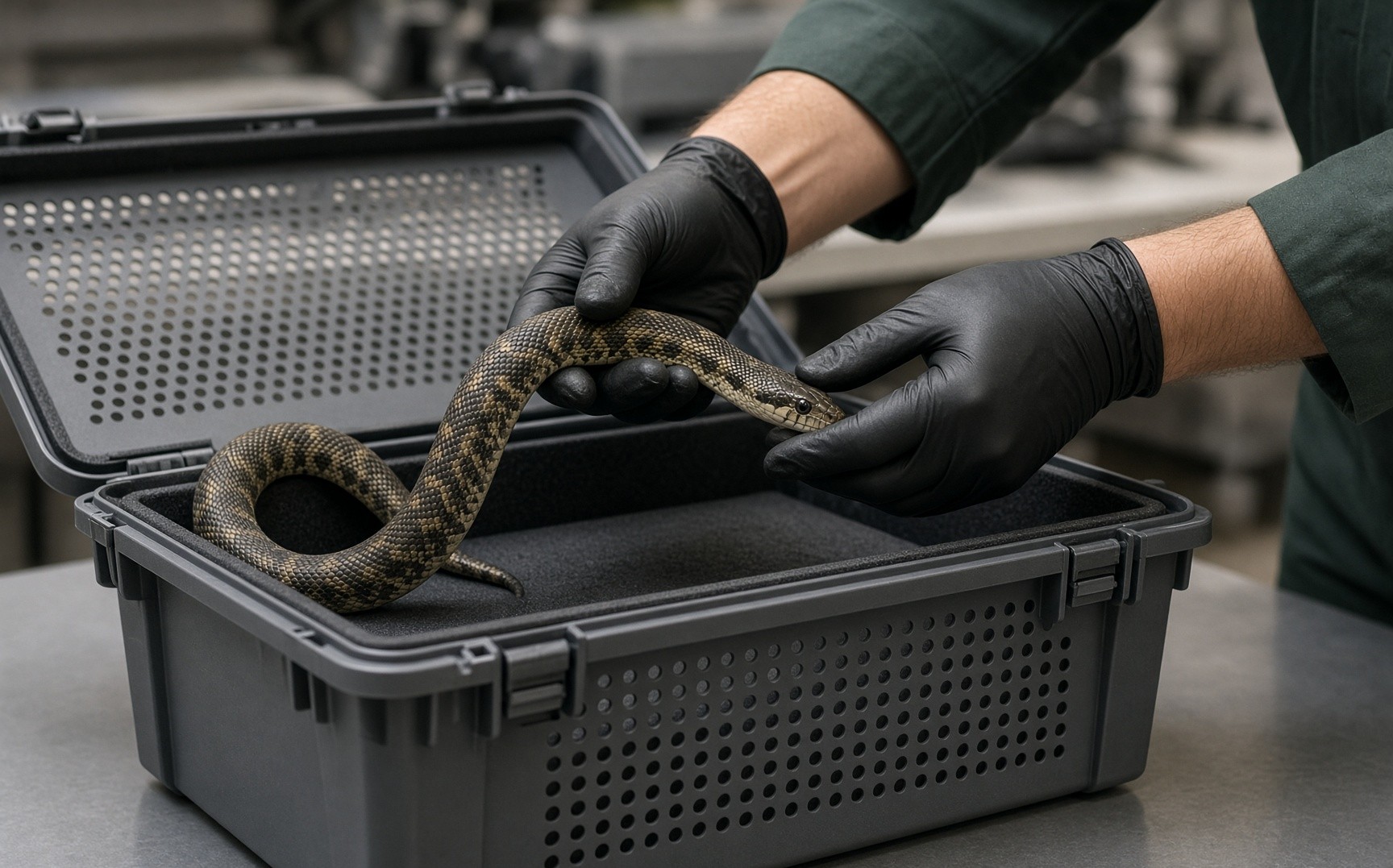 Fachgerechtes Verbringen einer Schlange in eine Transportbox